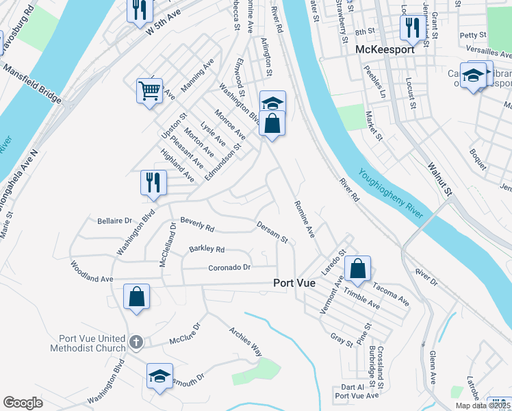 map of restaurants, bars, coffee shops, grocery stores, and more near 308 San Jose Drive in McKeesport