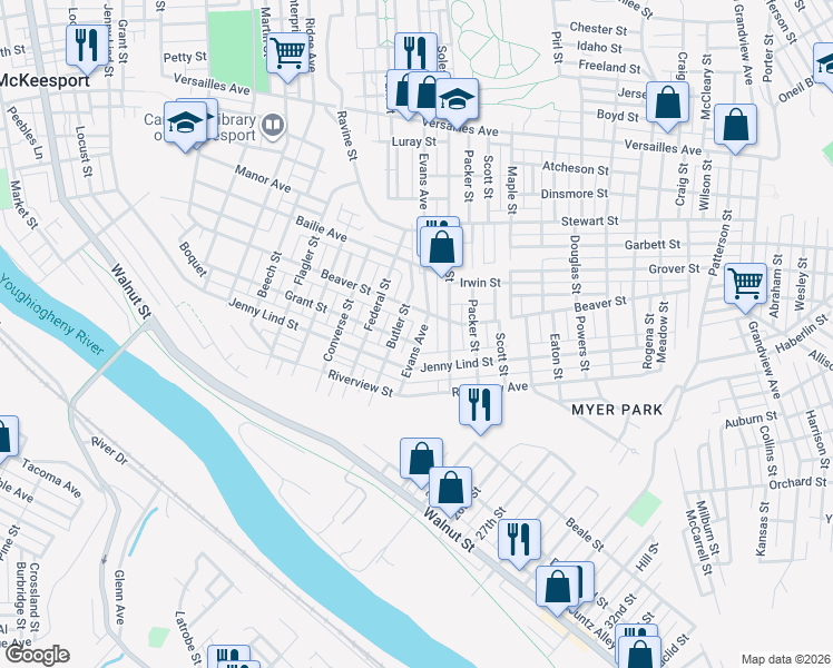 map of restaurants, bars, coffee shops, grocery stores, and more near 1818 Evans Avenue in McKeesport