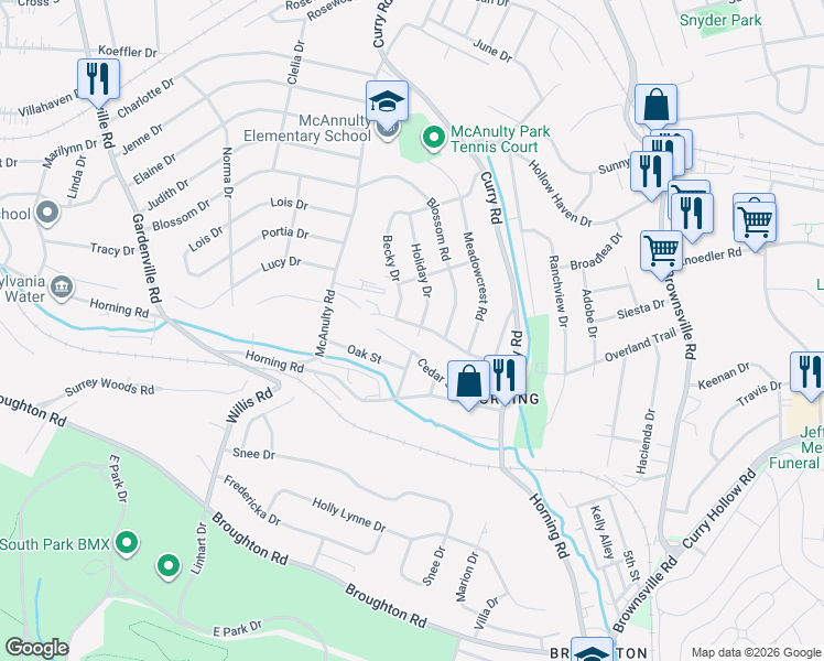map of restaurants, bars, coffee shops, grocery stores, and more near 321 Olympic Road in Pittsburgh
