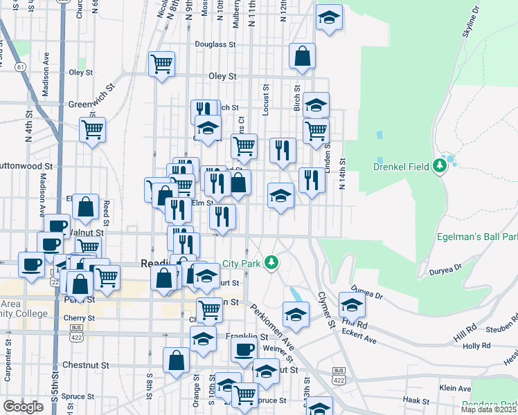 map of restaurants, bars, coffee shops, grocery stores, and more near 1116 Elm Street in Reading