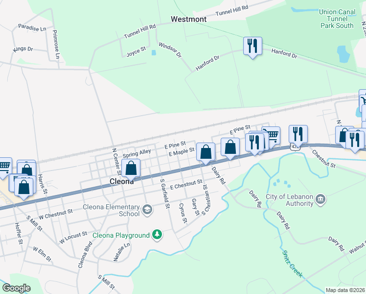 map of restaurants, bars, coffee shops, grocery stores, and more near 319 East Maple Street in Cleona