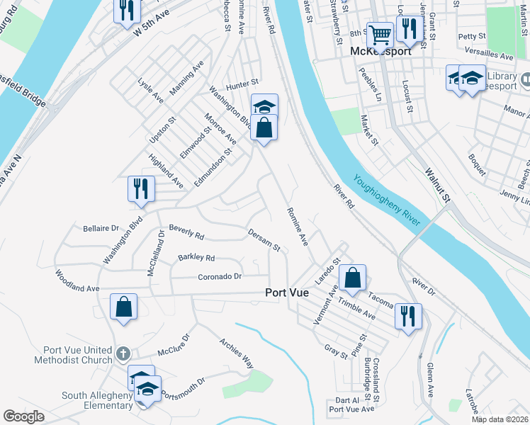 map of restaurants, bars, coffee shops, grocery stores, and more near 1031 Alquin Street in McKeesport