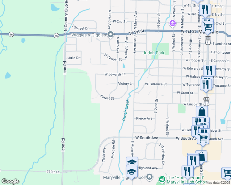 map of restaurants, bars, coffee shops, grocery stores, and more near 919 Forest Street in Maryville