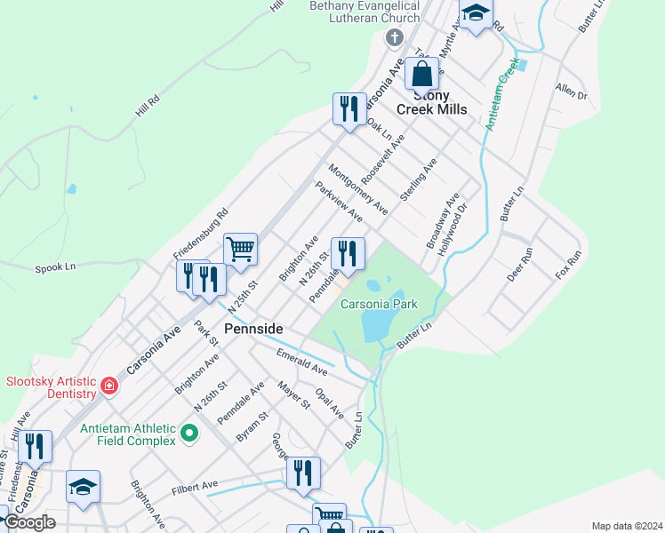 map of restaurants, bars, coffee shops, grocery stores, and more near 902 Penndale Avenue in Reading