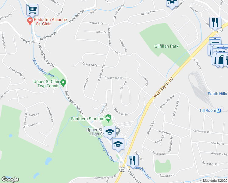 map of restaurants, bars, coffee shops, grocery stores, and more near 2156 Blairmont Drive in Pittsburgh