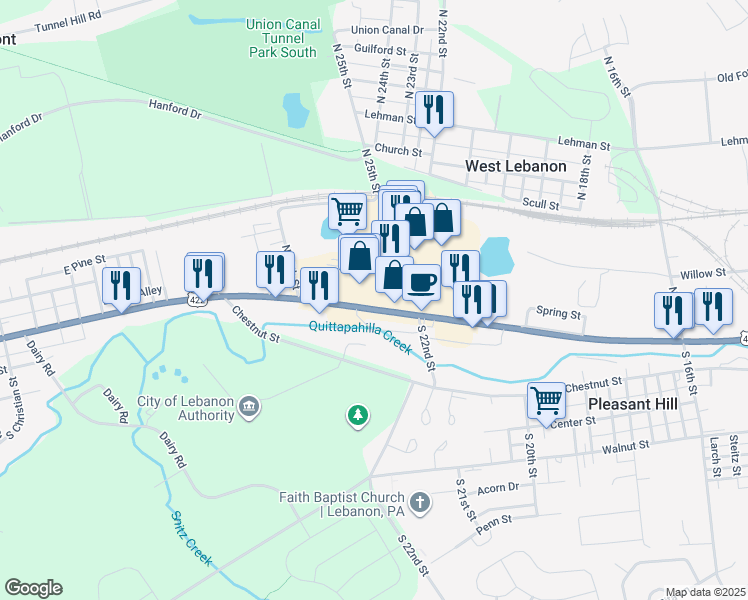 map of restaurants, bars, coffee shops, grocery stores, and more near 2213 Cumberland Street in Lebanon