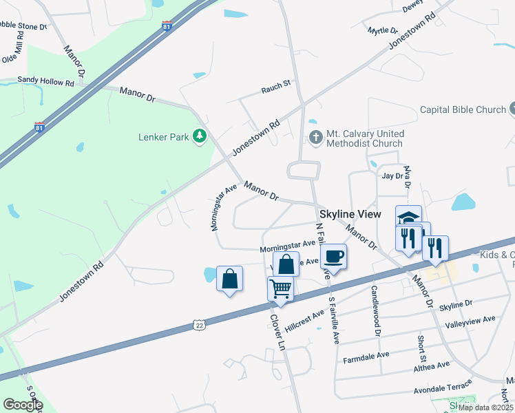 map of restaurants, bars, coffee shops, grocery stores, and more near 7548 Lakeside Ave in Harrisburg