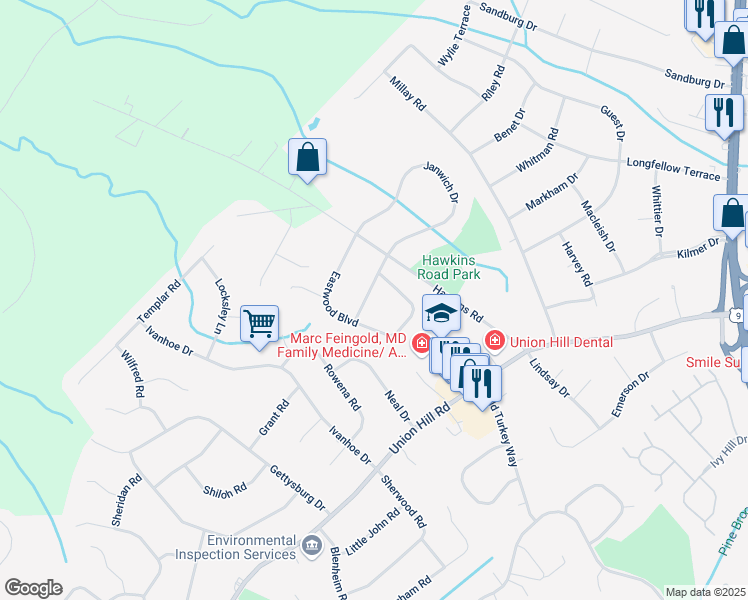 map of restaurants, bars, coffee shops, grocery stores, and more near 11 Kingswood Way in Manalapan Township