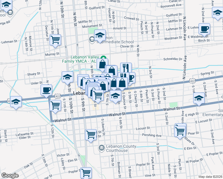 map of restaurants, bars, coffee shops, grocery stores, and more near 629 Cumberland Street in Lebanon