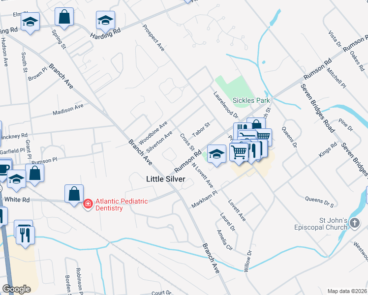 map of restaurants, bars, coffee shops, grocery stores, and more near 88 Cross St in Little Silver