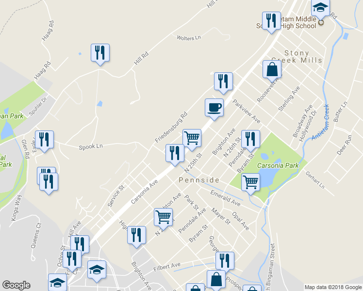 map of restaurants, bars, coffee shops, grocery stores, and more near 816 Carsonia Avenue in Reading