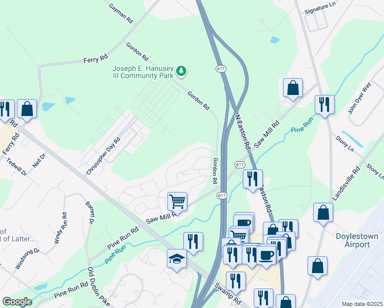 map of restaurants, bars, coffee shops, grocery stores, and more near 3775 Swetland Drive in Doylestown