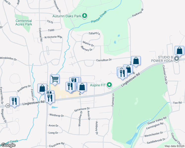 map of restaurants, bars, coffee shops, grocery stores, and more near 2411 Patton Road in Harrisburg