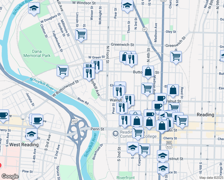 map of restaurants, bars, coffee shops, grocery stores, and more near 245 Pear Street in Reading