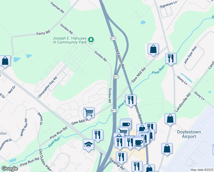 map of restaurants, bars, coffee shops, grocery stores, and more near 5523 Rinker Circle in Doylestown