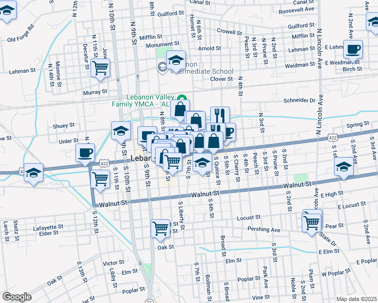 map of restaurants, bars, coffee shops, grocery stores, and more near 631 Cumberland Street in Lebanon