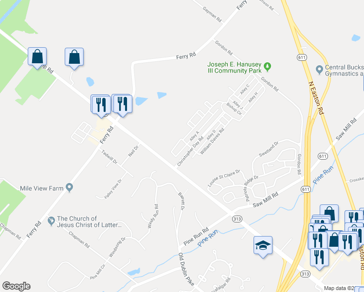 map of restaurants, bars, coffee shops, grocery stores, and more near 3648 Jacob Stout Road in Doylestown