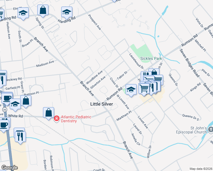 map of restaurants, bars, coffee shops, grocery stores, and more near 88 Cross Street in Little Silver