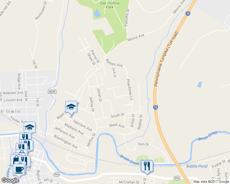 map of restaurants, bars, coffee shops, grocery stores, and more near 1461 Oakton Drive in Irwin