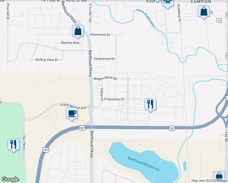 map of restaurants, bars, coffee shops, grocery stores, and more near 2843 Big Thunder Road in Loveland