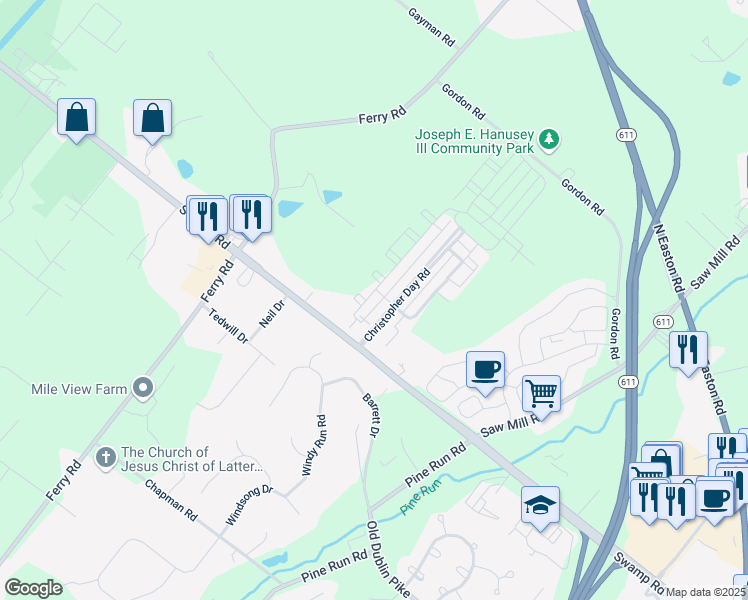 map of restaurants, bars, coffee shops, grocery stores, and more near 3648 Jacob Stout Road in Doylestown