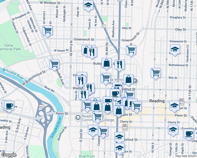 map of restaurants, bars, coffee shops, grocery stores, and more near 237 North 3rd Street in Reading