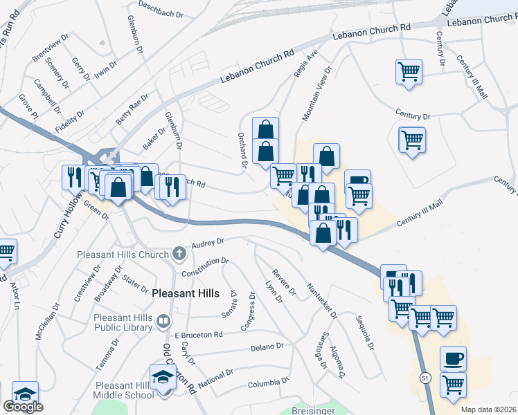 map of restaurants, bars, coffee shops, grocery stores, and more near 183 Sunrise Drive in Pleasant Hills