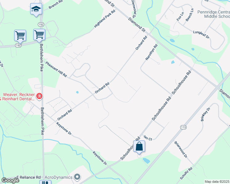 map of restaurants, bars, coffee shops, grocery stores, and more near 108 Carlton Place in Sellersville