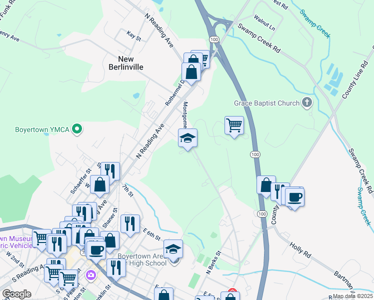map of restaurants, bars, coffee shops, grocery stores, and more near 1001 Montgomery Avenue in Boyertown