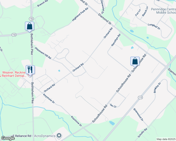 map of restaurants, bars, coffee shops, grocery stores, and more near 108 Carlton Place in Sellersville