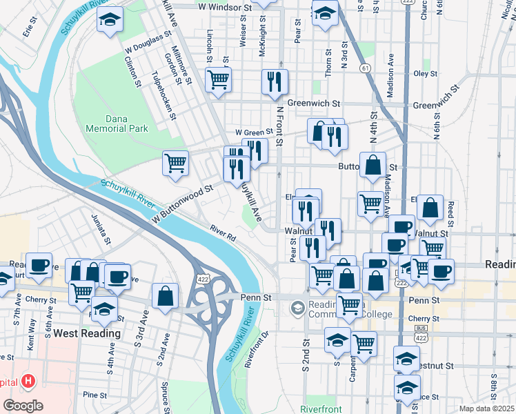 map of restaurants, bars, coffee shops, grocery stores, and more near 303 Schuylkill Avenue in Reading