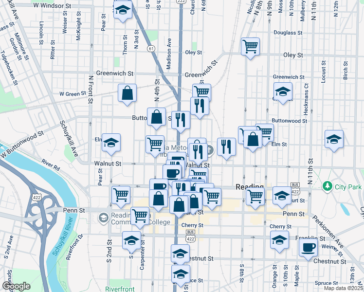 map of restaurants, bars, coffee shops, grocery stores, and more near 237 North 5th Street in Reading
