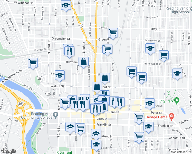 map of restaurants, bars, coffee shops, grocery stores, and more near 237 North 5th Street in Reading