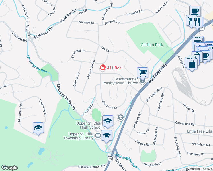 map of restaurants, bars, coffee shops, grocery stores, and more near 2156 Blairmont Drive in Pittsburgh