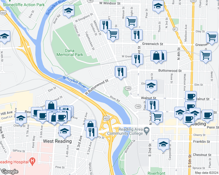 map of restaurants, bars, coffee shops, grocery stores, and more near 2 Bentley Court in Reading