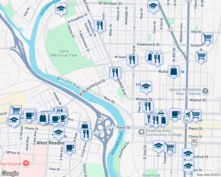 map of restaurants, bars, coffee shops, grocery stores, and more near 26 Croydon Terrace in Reading