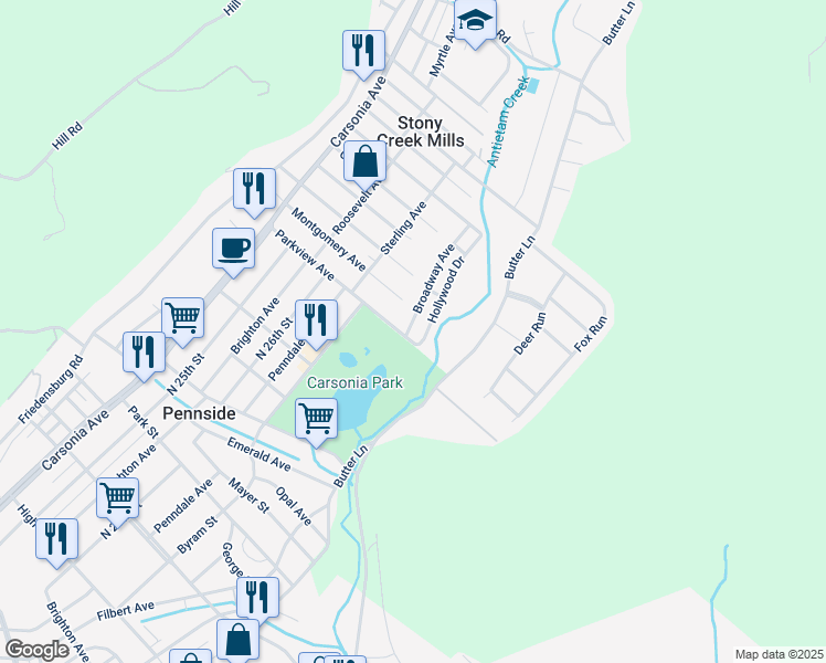 map of restaurants, bars, coffee shops, grocery stores, and more near 1102 Broadway Avenue in Reading