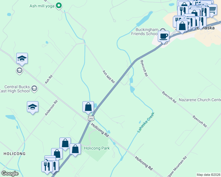 map of restaurants, bars, coffee shops, grocery stores, and more near 5374 York Road in Doylestown
