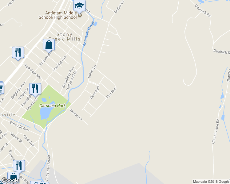 map of restaurants, bars, coffee shops, grocery stores, and more near 1212 Fox Run in Reading