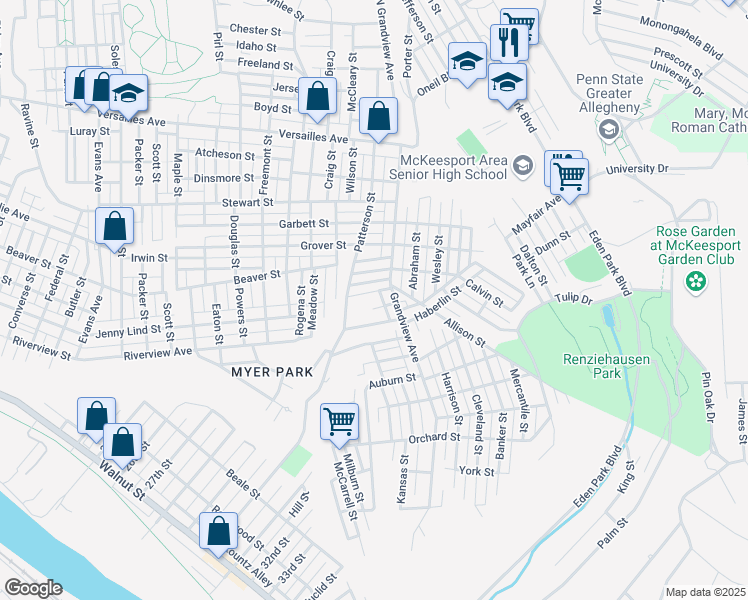 map of restaurants, bars, coffee shops, grocery stores, and more near 1906 Larkin Street in McKeesport
