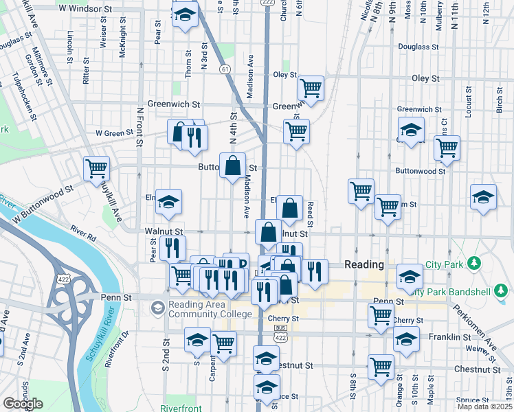 map of restaurants, bars, coffee shops, grocery stores, and more near 238 North 5th Street in Reading