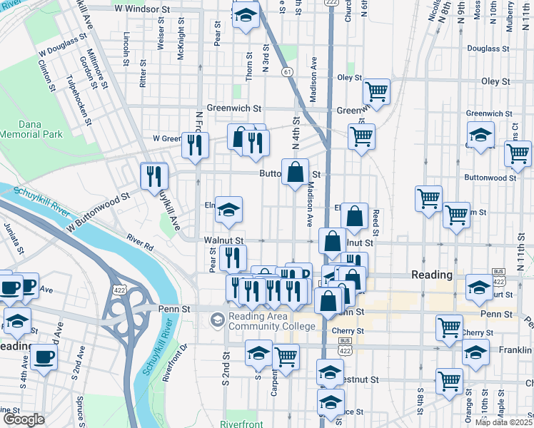 map of restaurants, bars, coffee shops, grocery stores, and more near 237 North 3rd Street in Reading