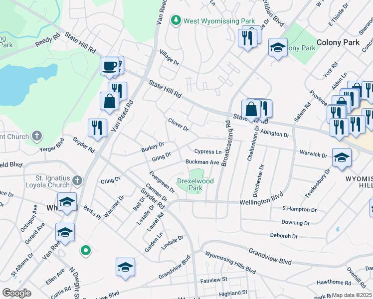 map of restaurants, bars, coffee shops, grocery stores, and more near 2024 Gring Drive in Wyomissing