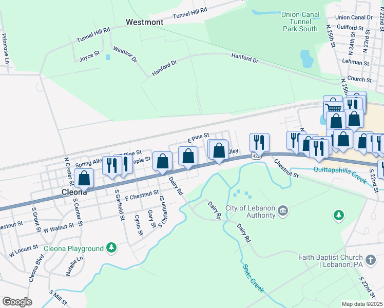 map of restaurants, bars, coffee shops, grocery stores, and more near 546 East Maple Street in Cleona