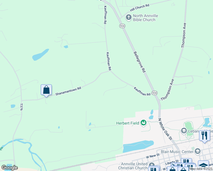 map of restaurants, bars, coffee shops, grocery stores, and more near 250 Kauffman Road in Annville