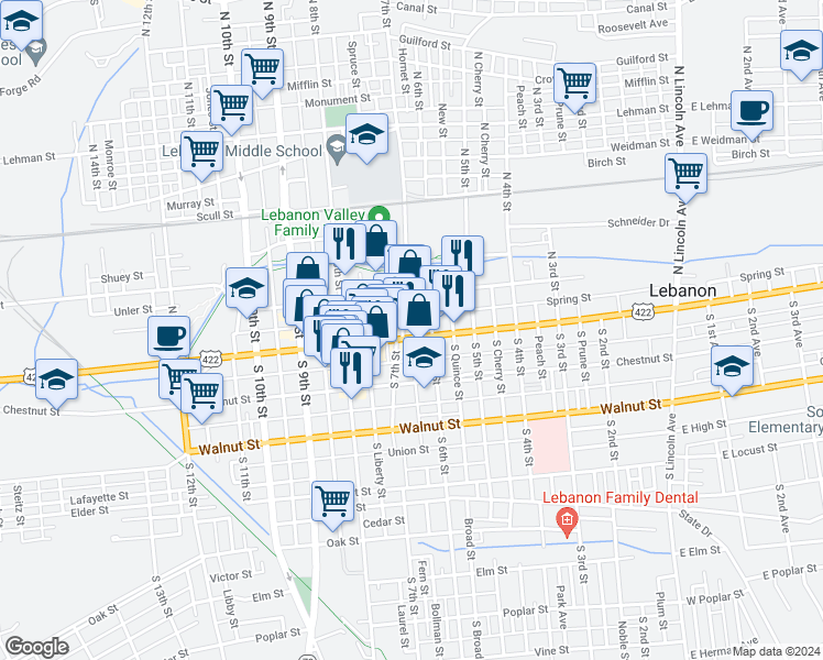 map of restaurants, bars, coffee shops, grocery stores, and more near 623 Cumberland Street in Lebanon