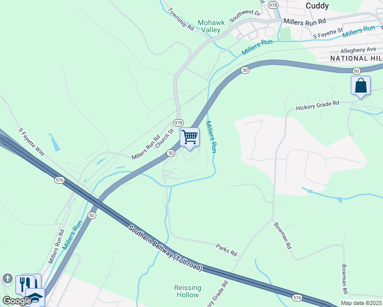 map of restaurants, bars, coffee shops, grocery stores, and more near 151 Parks Road in Bridgeville