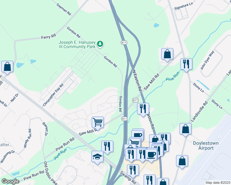map of restaurants, bars, coffee shops, grocery stores, and more near 3813 Swetland Drive in Doylestown