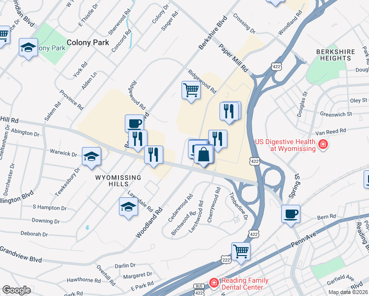 map of restaurants, bars, coffee shops, grocery stores, and more near 1701 State Hill Road in Wyomissing