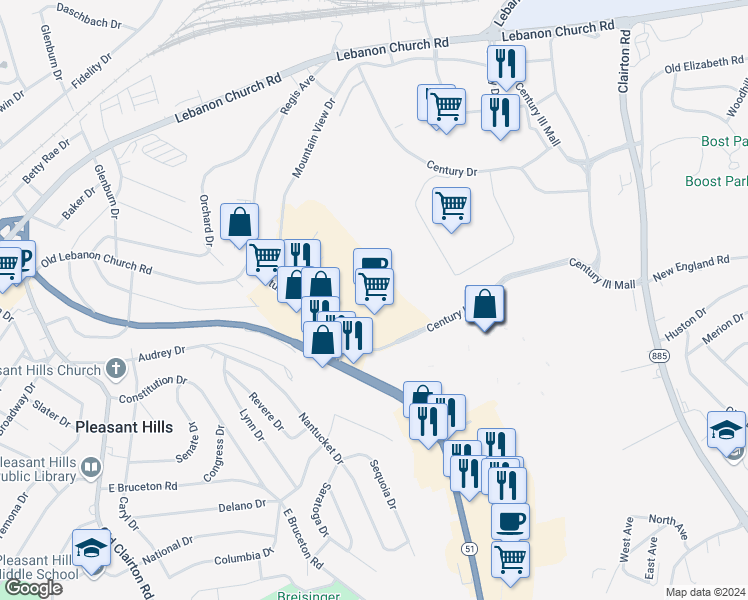 map of restaurants, bars, coffee shops, grocery stores, and more near 9901 Mountain View Drive in West Mifflin